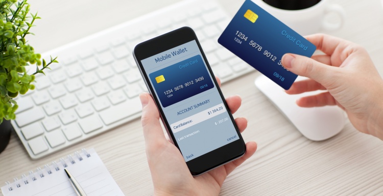Person shopping with smartphone app and credit card; copyright:...