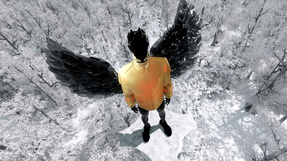 A black figure with angel wings wearing a yellow jacket...