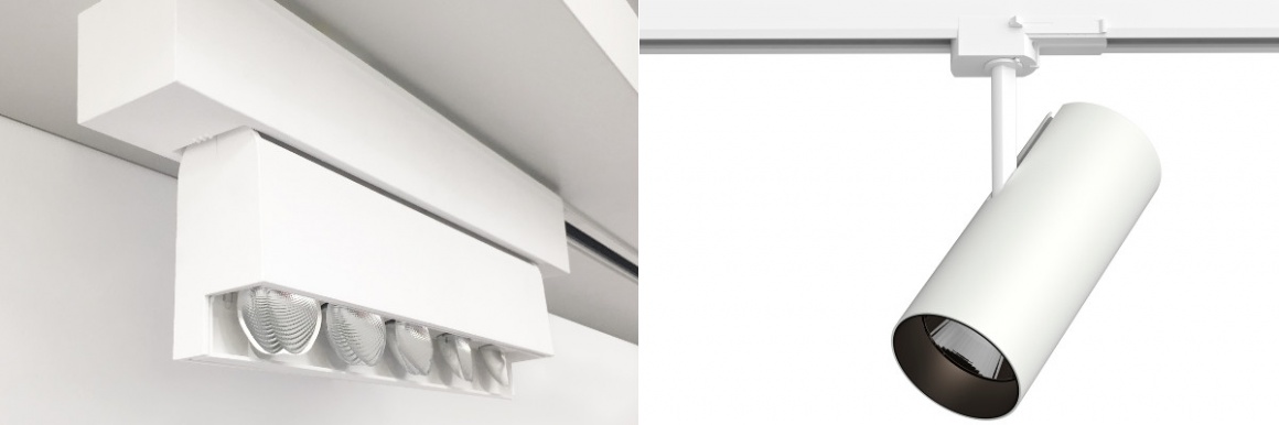 The new magiq plus wallwash (left) can be mounted on 3-phase rails and rotated...