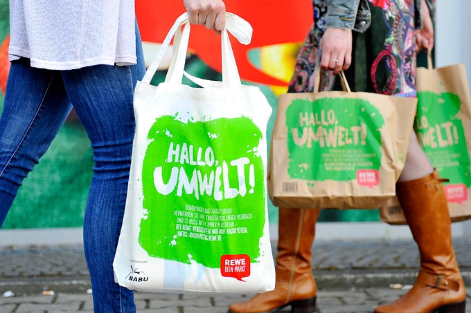 Rewe counts on cotton and paper bags, cardboard boxes or jute bags....