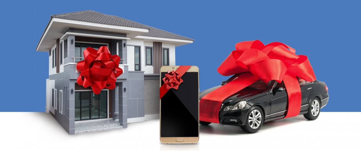presents: a house, smartphone, car