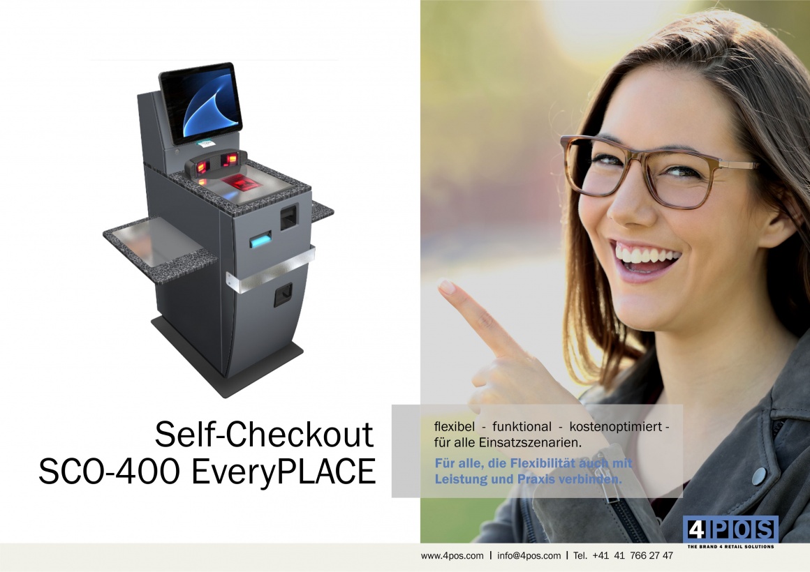 Foto: SCO-400 EveryPLACE  Self-Checkout-Gerät und lachende Frau; copyright:...