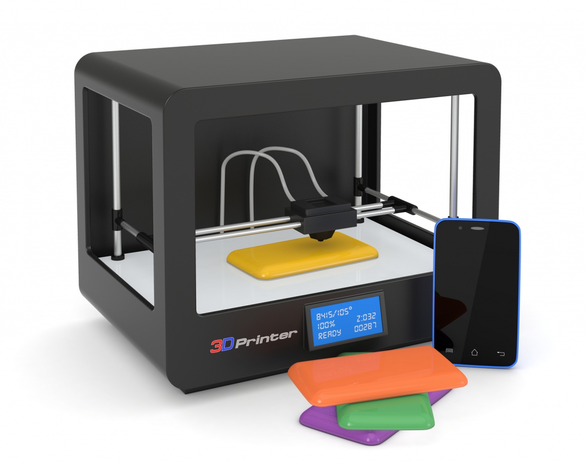 Foto: Grafik eines 3D-Druckers, der verschiedene Handyhüllen herstellt;...