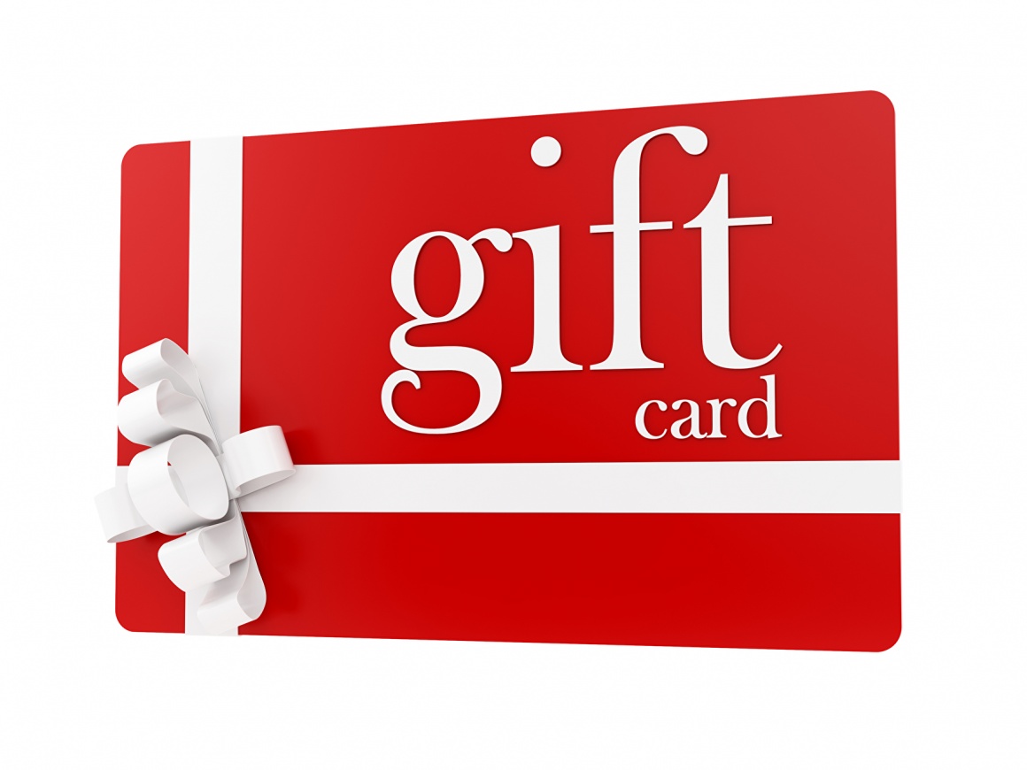 A red and white gift card with a ribbon