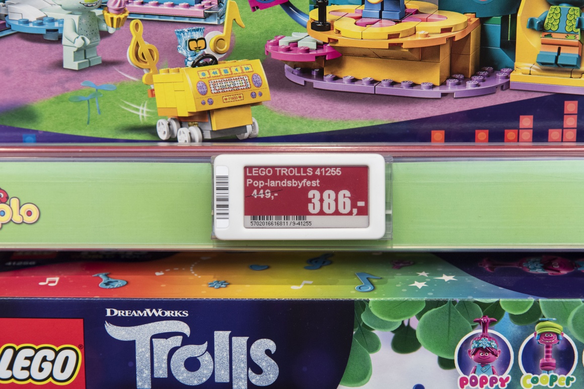 Price label on toy shelf