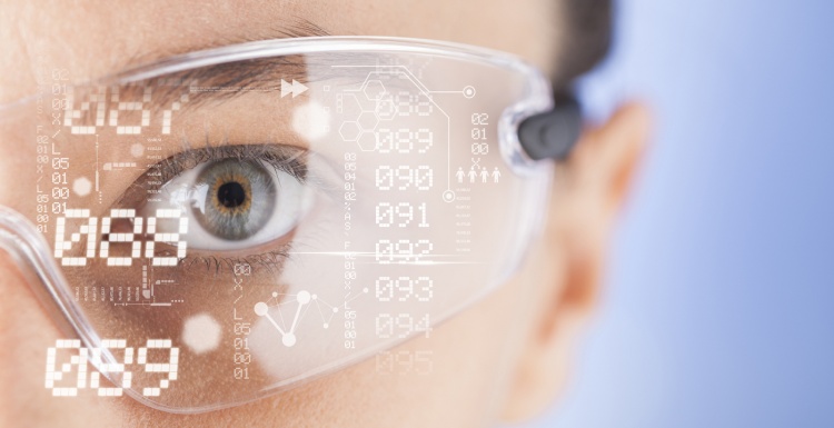 Man with transparent glasses sees virtual numbers; copyright: panthermedia.net...