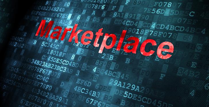 Red lettering Marketplace on dark background