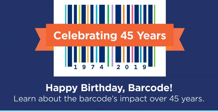 Graphic of a barcode with an anniversary-text; copyright: GS1 US...