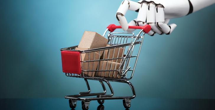 robot hand pushes shopping cart with packages