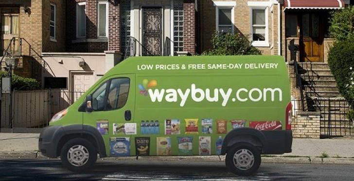 Green delivery van in front of a row of houses; copyright: Waybuy...