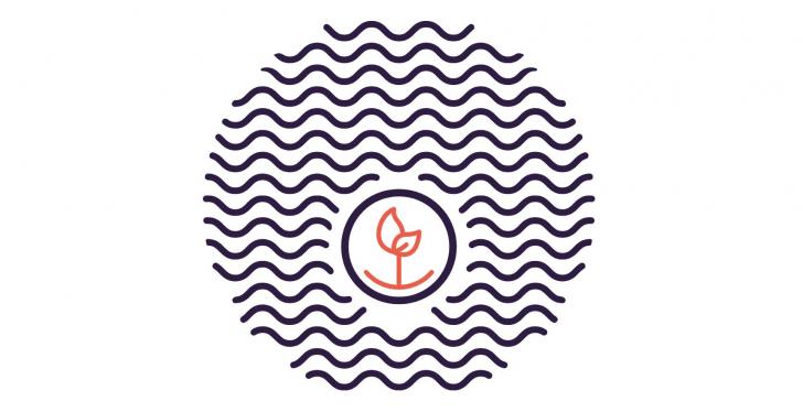 Simple graphic with a circle of waves with a small plant in the middle;...