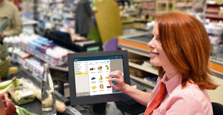 red-haired woman at checkout