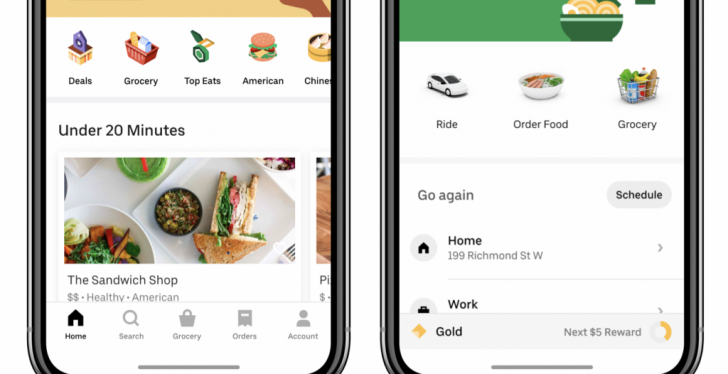 Two smartphones with app mockups for grocery delivery...