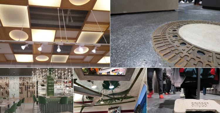 A collage of pictures of ceilings and floors in stores...