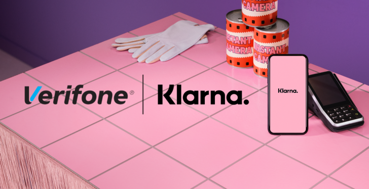 Klarna and Verifone logos against pink background