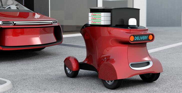 A red self driving delivery robot with pizza packages...