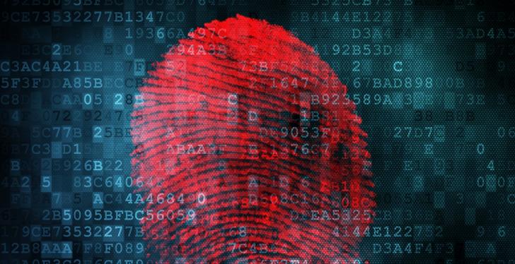 A red digital fingerprint in front of rows of numbers and letters; copyright:...
