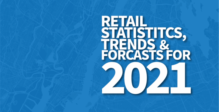 A blue online banner reading Retail statistics, trends and forecasts for 2021...