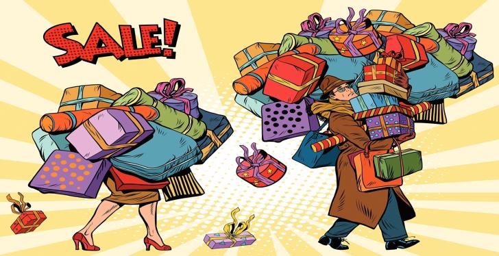 A comic of a man and a woman carrying tons of wrapped gifts, the word sale!...