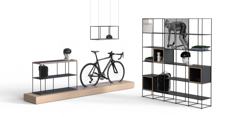 Mockup of an open goods shelf in a bicycle store with a bicycle...