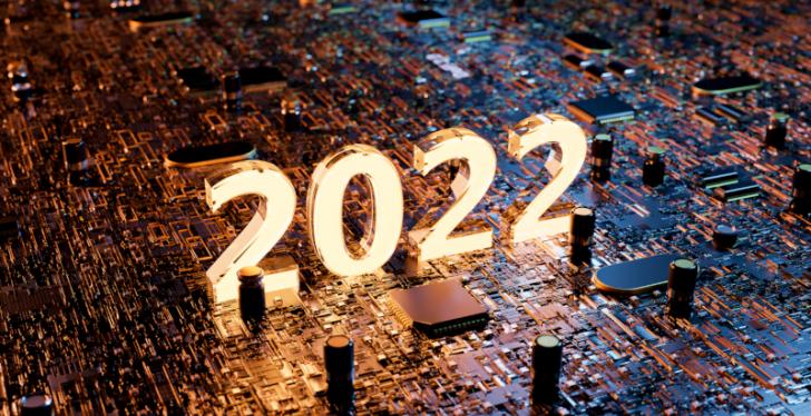 Mikroaufnahme: Eine leuchtende 2022 steht auf einer Platine; copyright:...