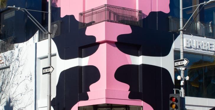 A Burberry Store building facade in camouflage print with black, white and...