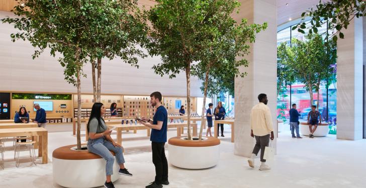 Small trees stand in the interior of the new Apple Store in London...