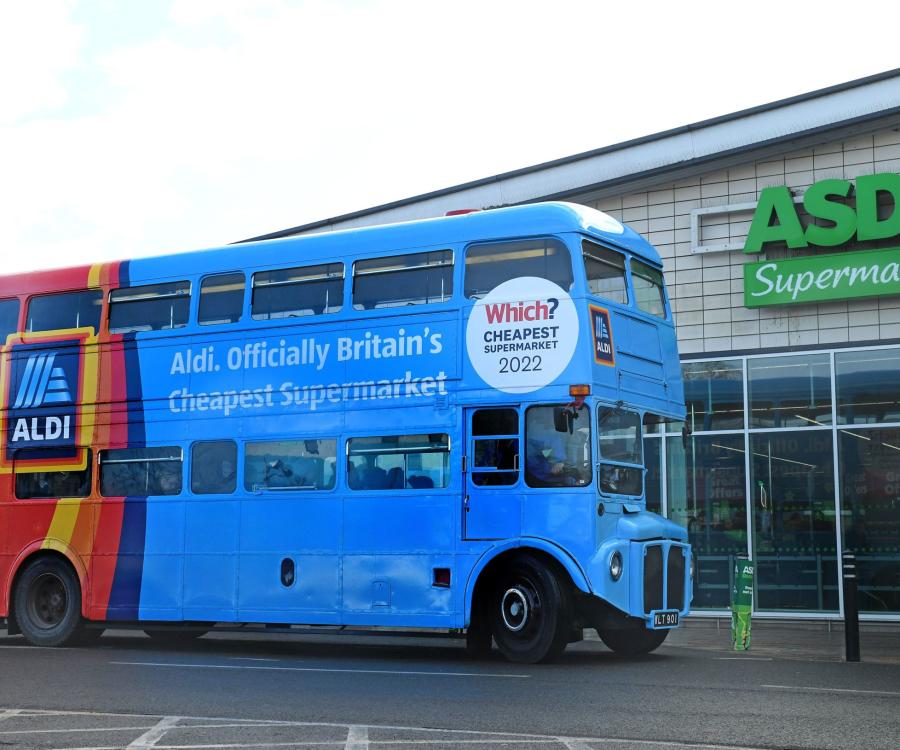 Photo: Aldi Bus: Retailer celebrates Cheapest Supermarket of the Year win...