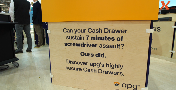 A box with writing: Can your Cash Drawer sustain 7 minutes of screwdriver...