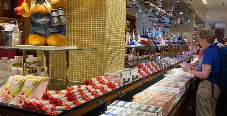 A bear in a sailors costume welcomes customers to the Niederegger store in...