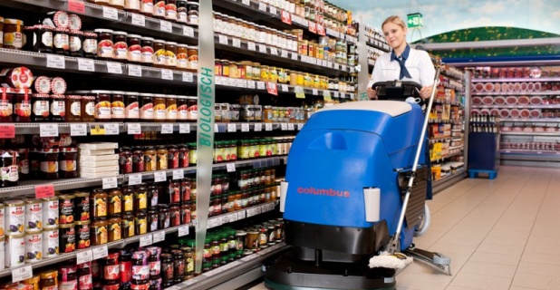Ride-on cleaning machines are especially well suited for large sales areas. ©...