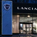 Exterior view of the new Lancia store in Milan with Lancia logo and lettering...