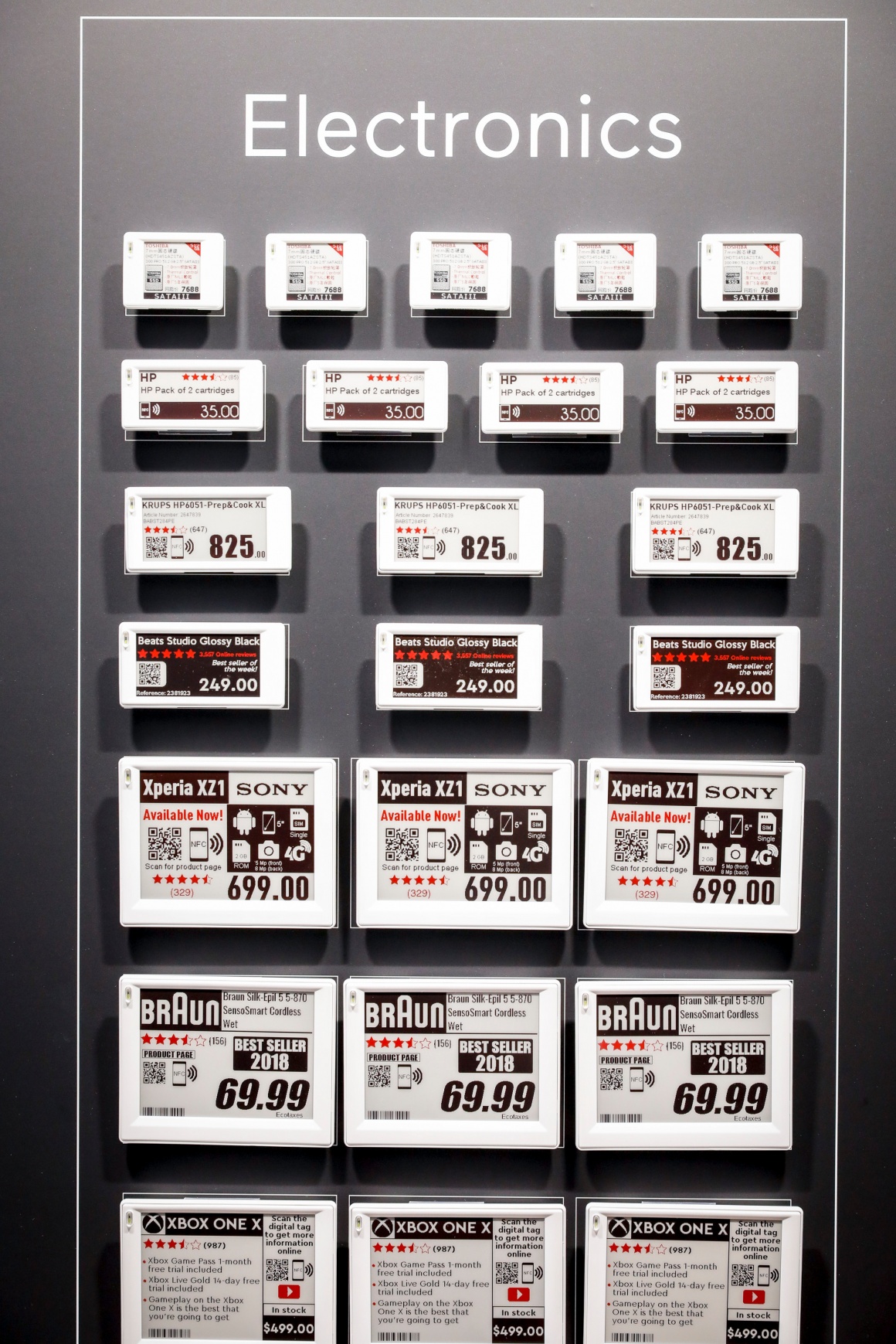 A wall with some electronic price tags
