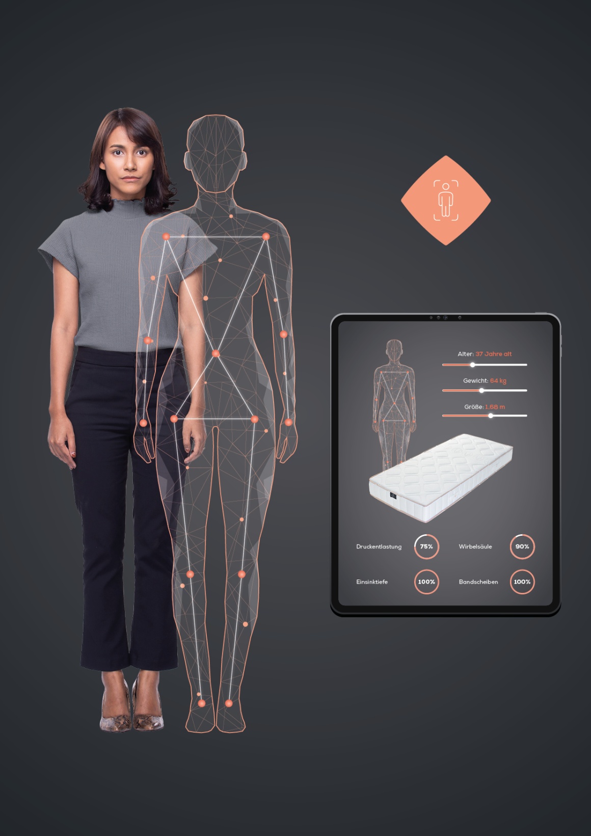 Visualization of a woman and her body data for a mattress; copyright: Motesque...