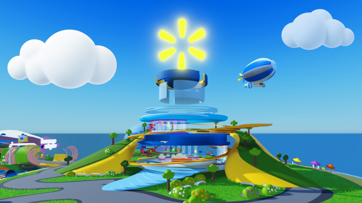 A rendered scene with a round Walmart against a blue sky over the sea...