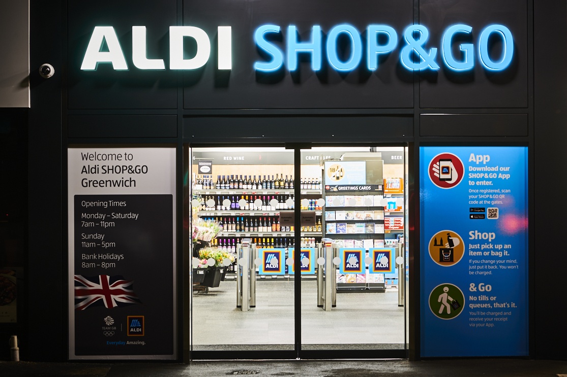 Entrance of the ALDI SHOP & GO in Greenwich, London....