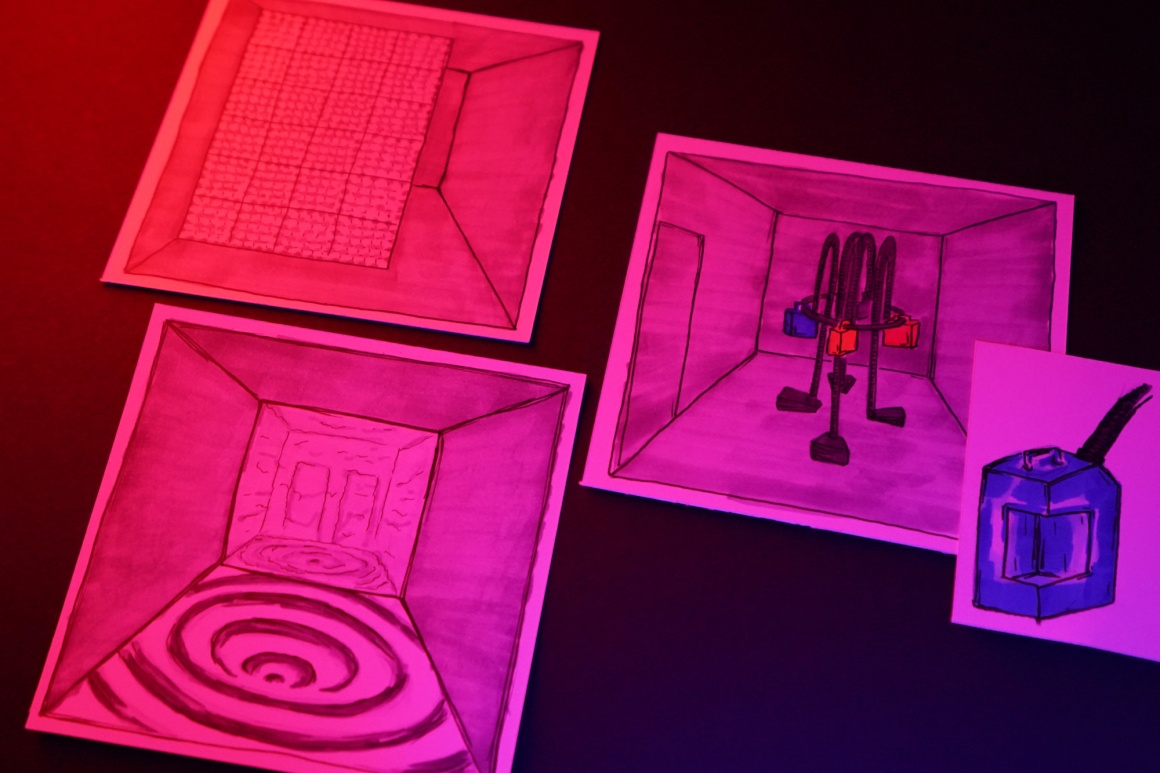 Drawings of different rooms in purple color