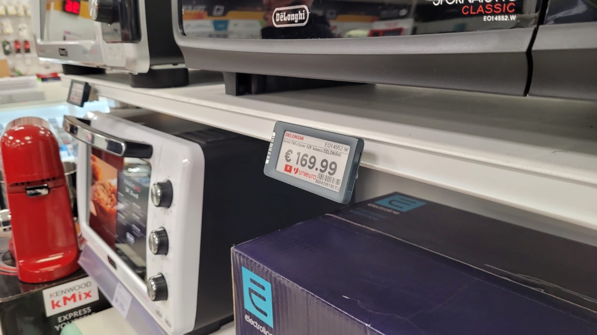 An electronic price tag on a shelf