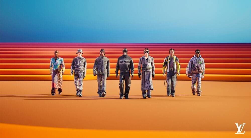 Seven people in fancy clothes in front of an artificial red-orange background...