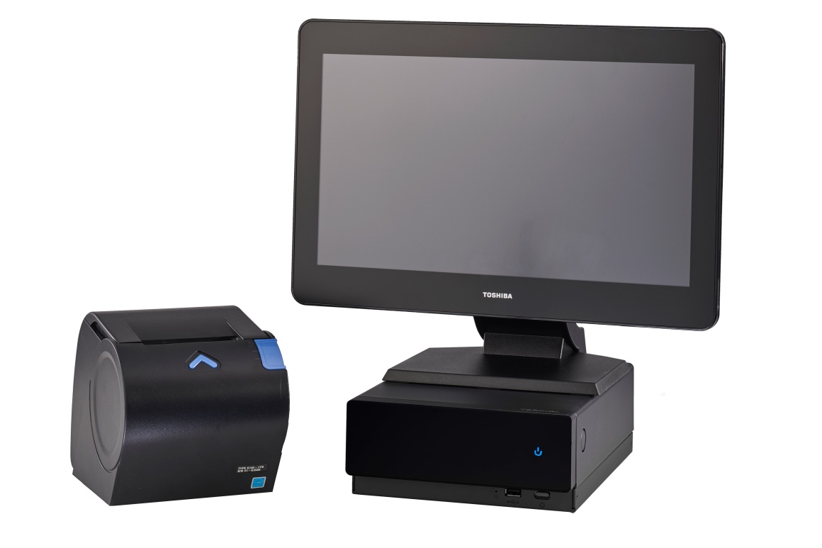 A black monitor stands next to a black receipt printer...