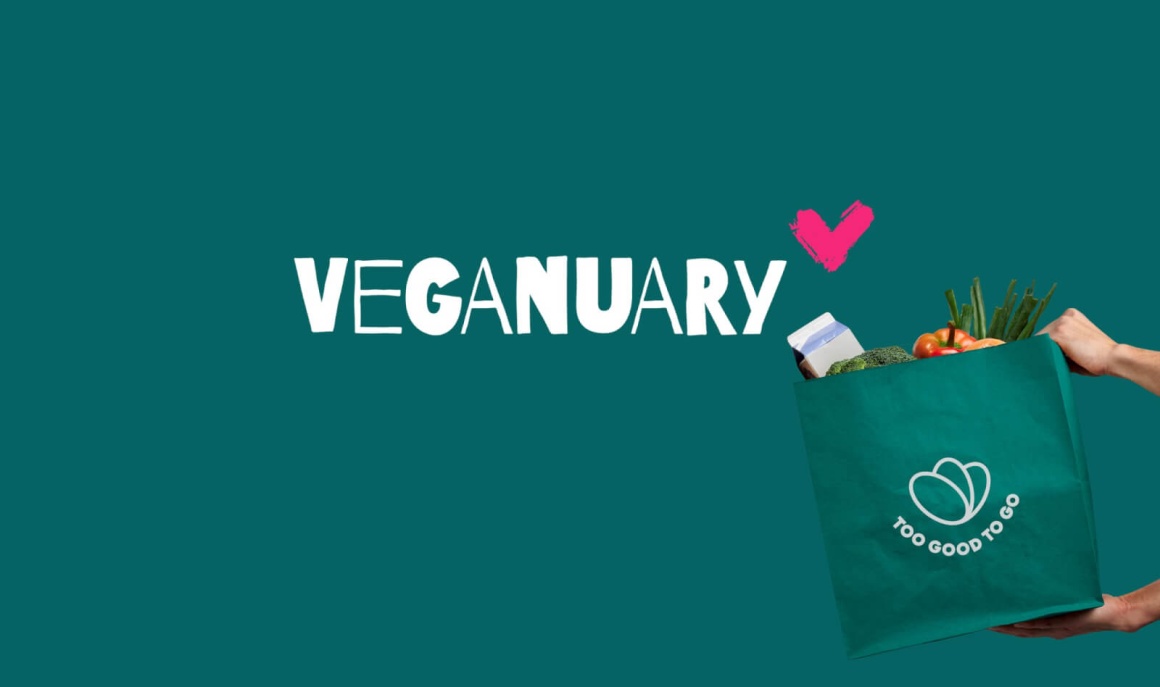 Veganuary logo and a bag with the Too Good To Go logo...