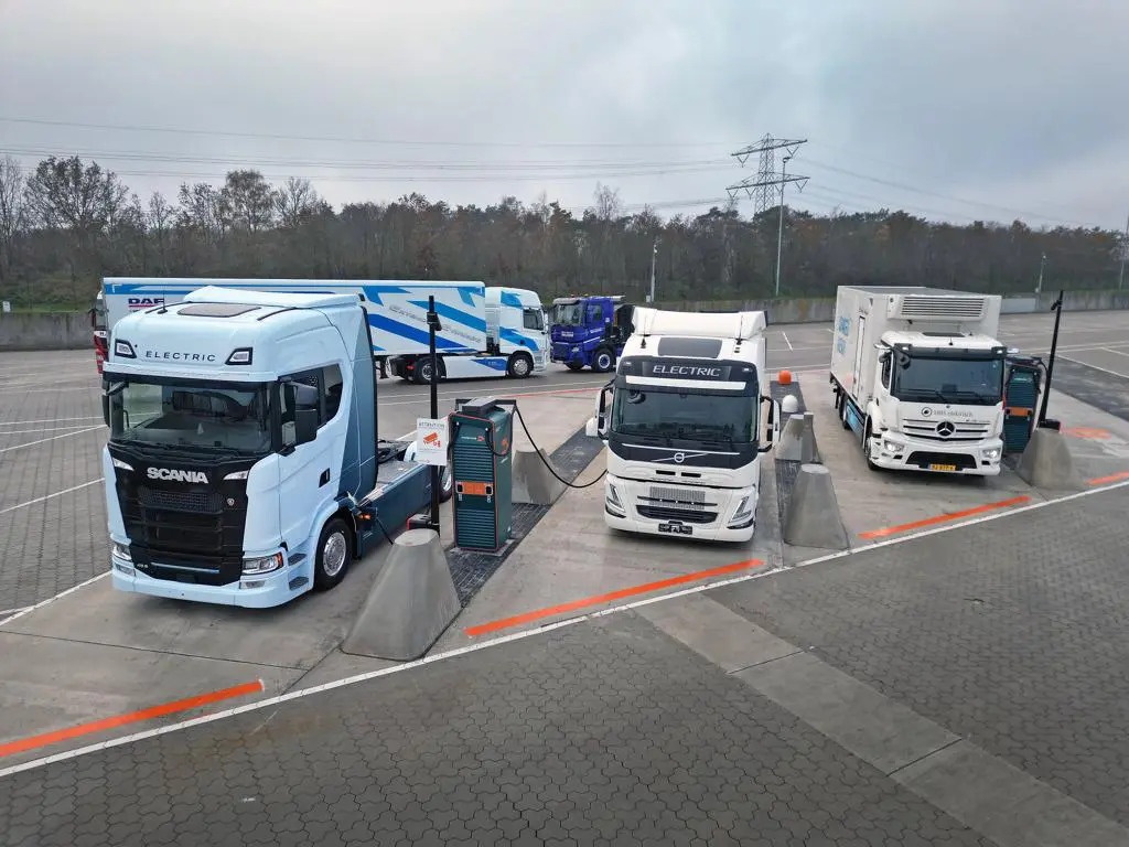 Three trucks at a charging station in Venlo