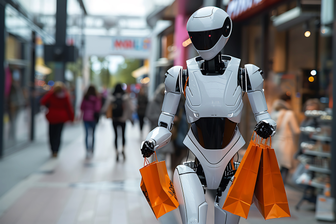 Image: A humanoid robot is walking through a shopping mall carrying orange...