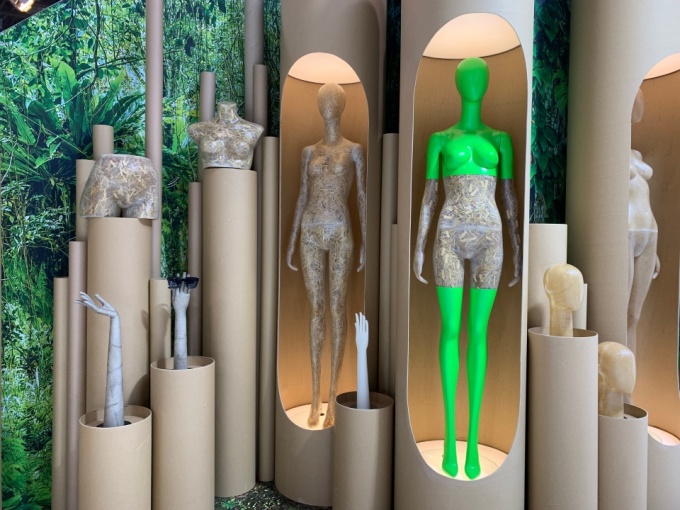 Mannequins filled with straw in green at the EuroShop trade fair....