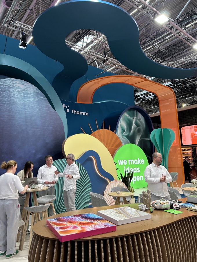 Organic shapes and colorful design elements.