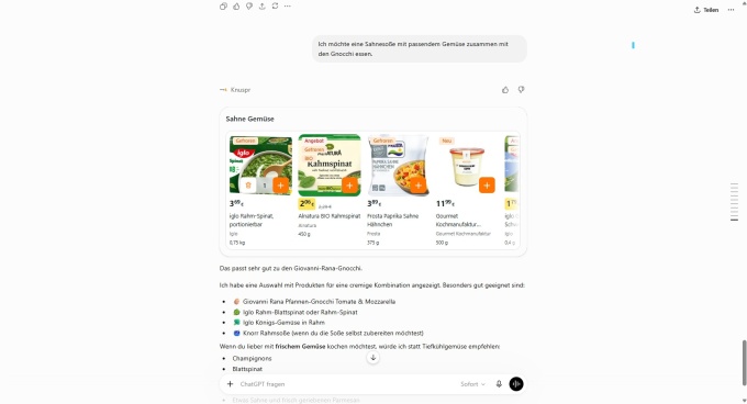 Screenshot from a shopping conversation with ChatGPT about creamed spinach and...