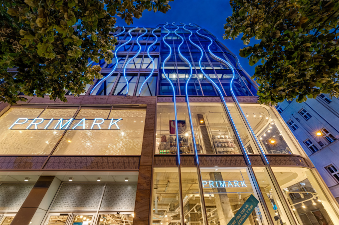 Front of Primark in Prague with light