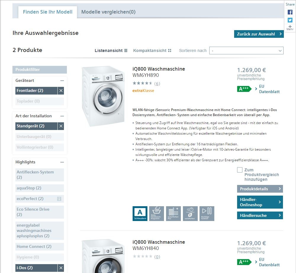 Screenshot of Siemens Homepage in German: product details...