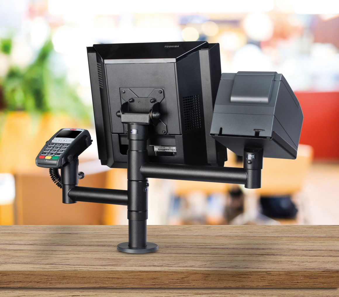 Photo: Several cash register devices mounted on rotating arms; copyright:...