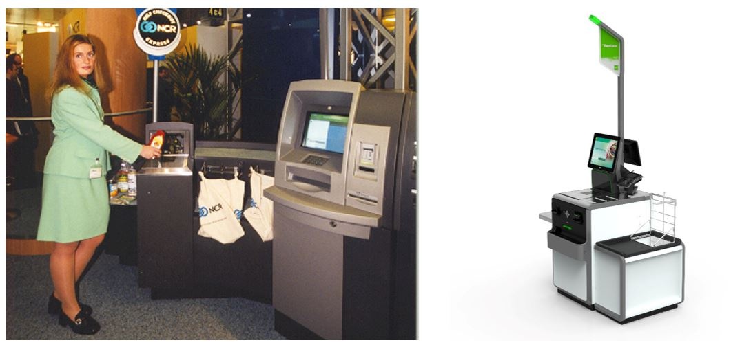 Photo: left: Woman at historical self-checkout terminal; right: self-service...